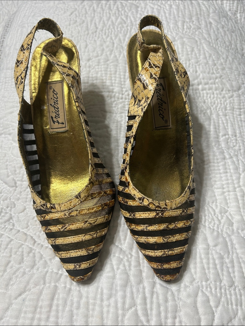 Gold & Black Striped Genuine Snake Skin heels